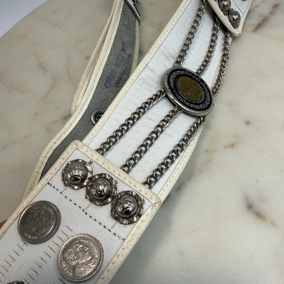 Vintage Argentine Gaucho Coin Belt White Leather Chain Concho Boho Western main image 5